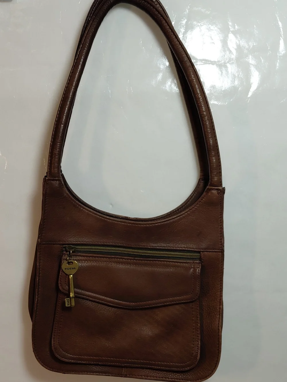 Fossil Chocolate Brown Pebbled Leather Hobo Shoulder Bag. Double Handles W/ Key